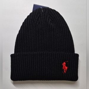 Polo by Ralph Lauren Black Knit Hat with Red Emblem